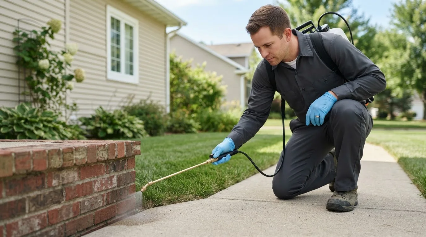 Pest control technician treating a home near Knightstown, IN